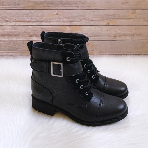 UGG Jaidyn Black Leather Cozy Combat Boots - Picture 3 of 9